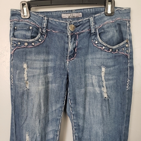 Styled @ 7 Jeans Medium Wash Soft Denim Pink White Stitching Distressed Skinny - Picture 2 of 7
